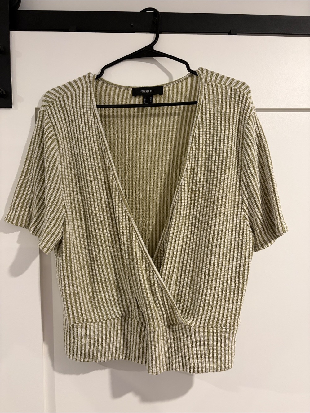 Forever 21 Olive & Cream Striped Wrap Short Sleeve Crop Top